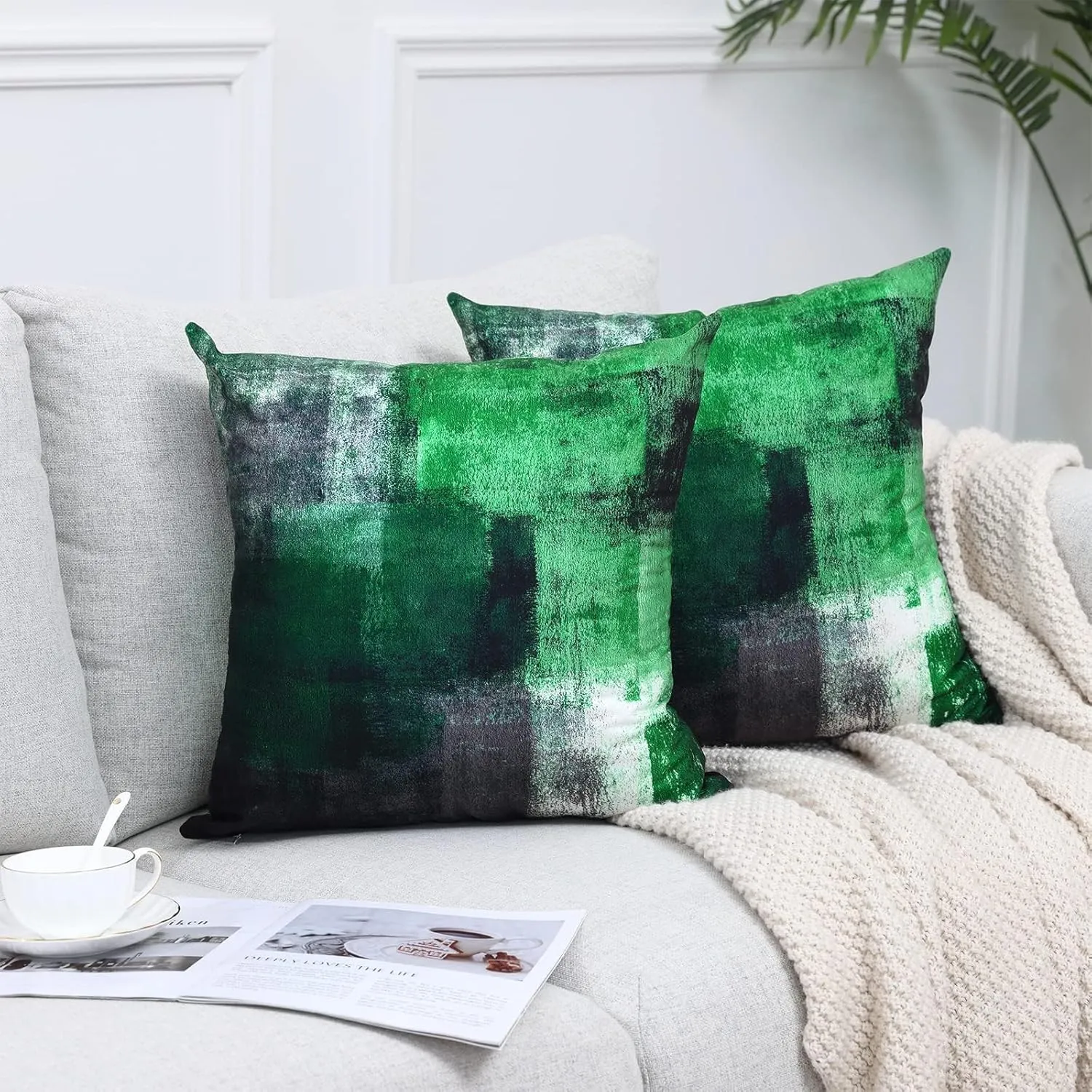 Green Pillow Covers 16X16, Gray White Abstract Art Aesthetic Square Accent Decorative Throw Pillow Covers, Soft Throw Pillows for Couch Sofa Bedroom Living Room Set of 2