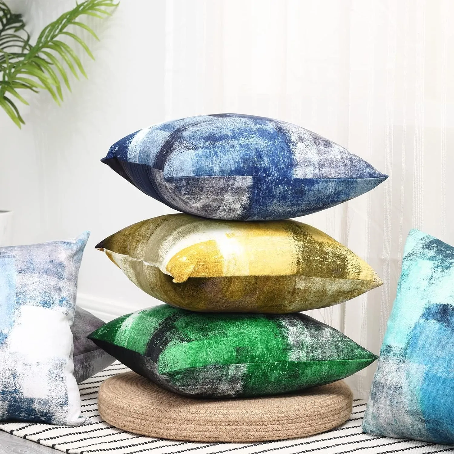 Green Pillow Covers 16X16, Gray White Abstract Art Aesthetic Square Accent Decorative Throw Pillow Covers, Soft Throw Pillows for Couch Sofa Bedroom Living Room Set of 2