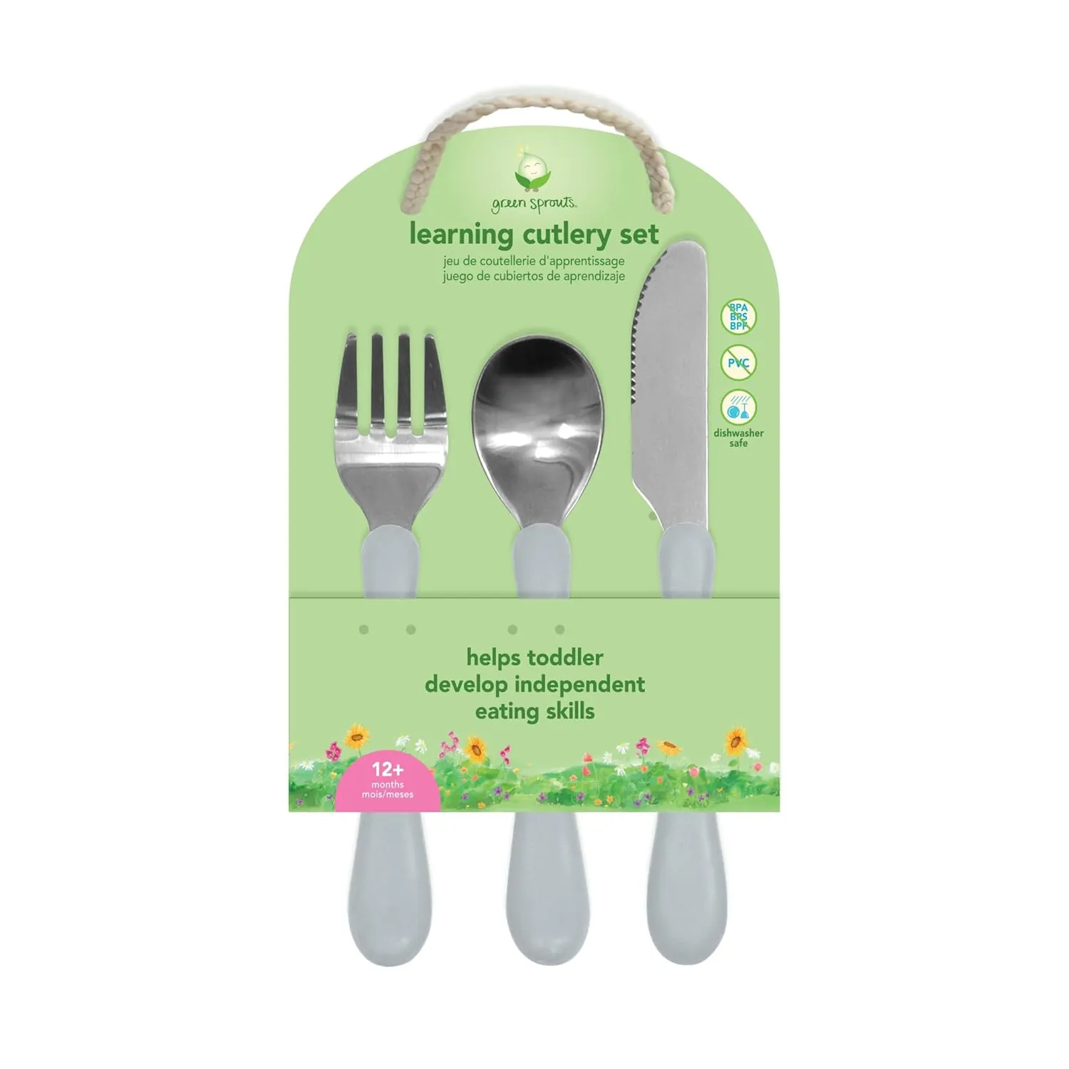 green sprouts Learning Cutlery Set Helps Toddler Develop Independent Eating Skills Designed for Small Hands, Contoured Handles for Easy gripping, Safety Edge on Knife, Dishwasher Safe