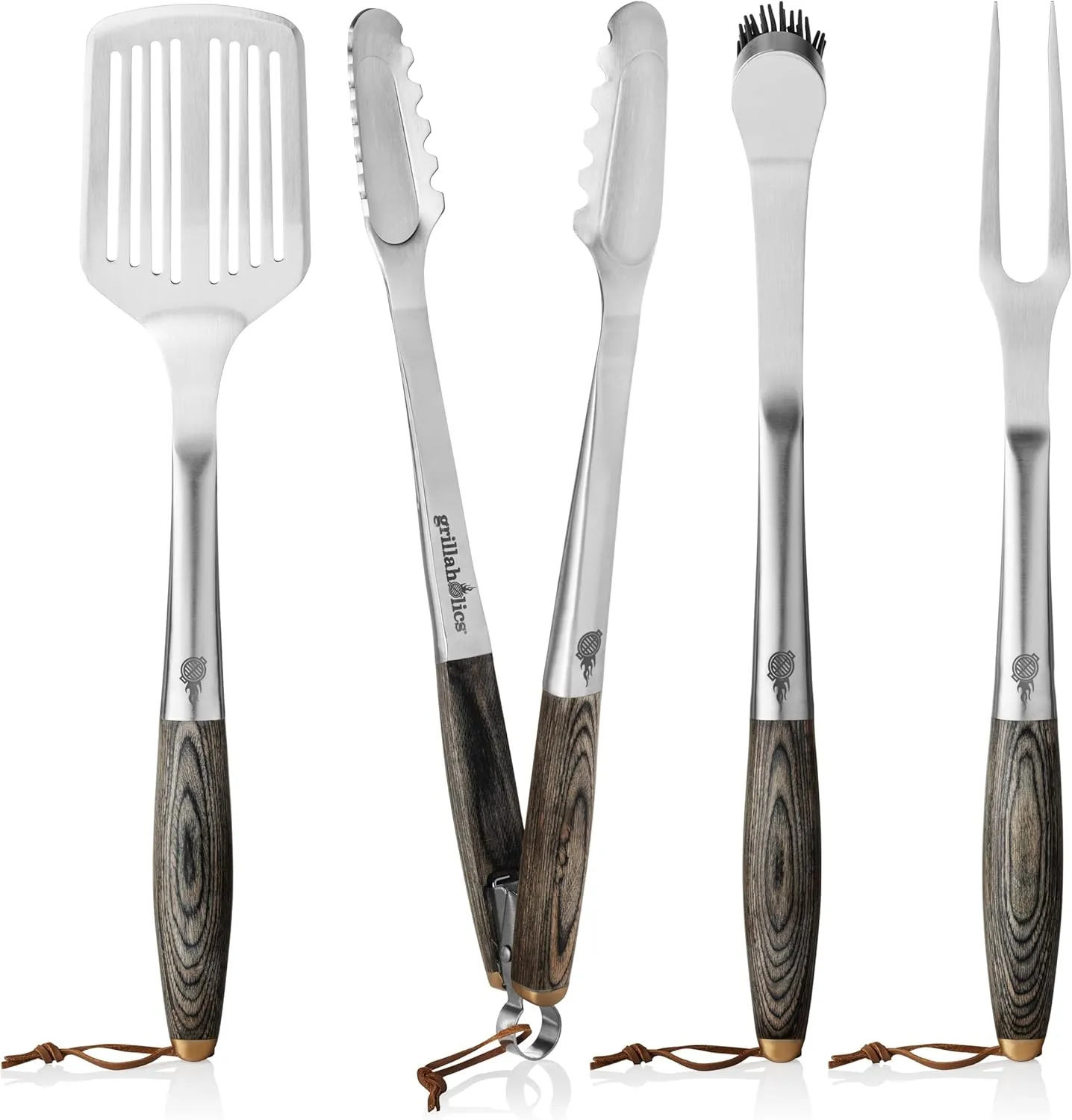 Grillaholics Premium BBQ Grill Tools - Luxury 4-Piece Barbecue Utensils Grill Set - Wooden Gift Box Includes Barbeque Tongs, Meat Fork, Grill Spatula & Basting Brush