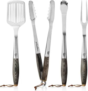 Grillaholics Premium BBQ Grill Tools - Luxury 4-Piece Barbecue Utensils Grill Set - Wooden Gift Box Includes Barbeque Tongs, Meat Fork, Grill Spatula & Basting Brush