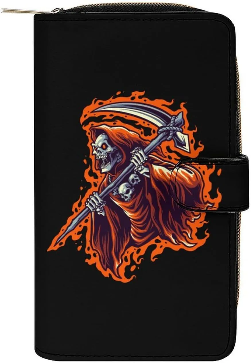 Grim Reaper Purses for Women Zipper Leather Clutch Purse Travel Handbag Card Case Wallet