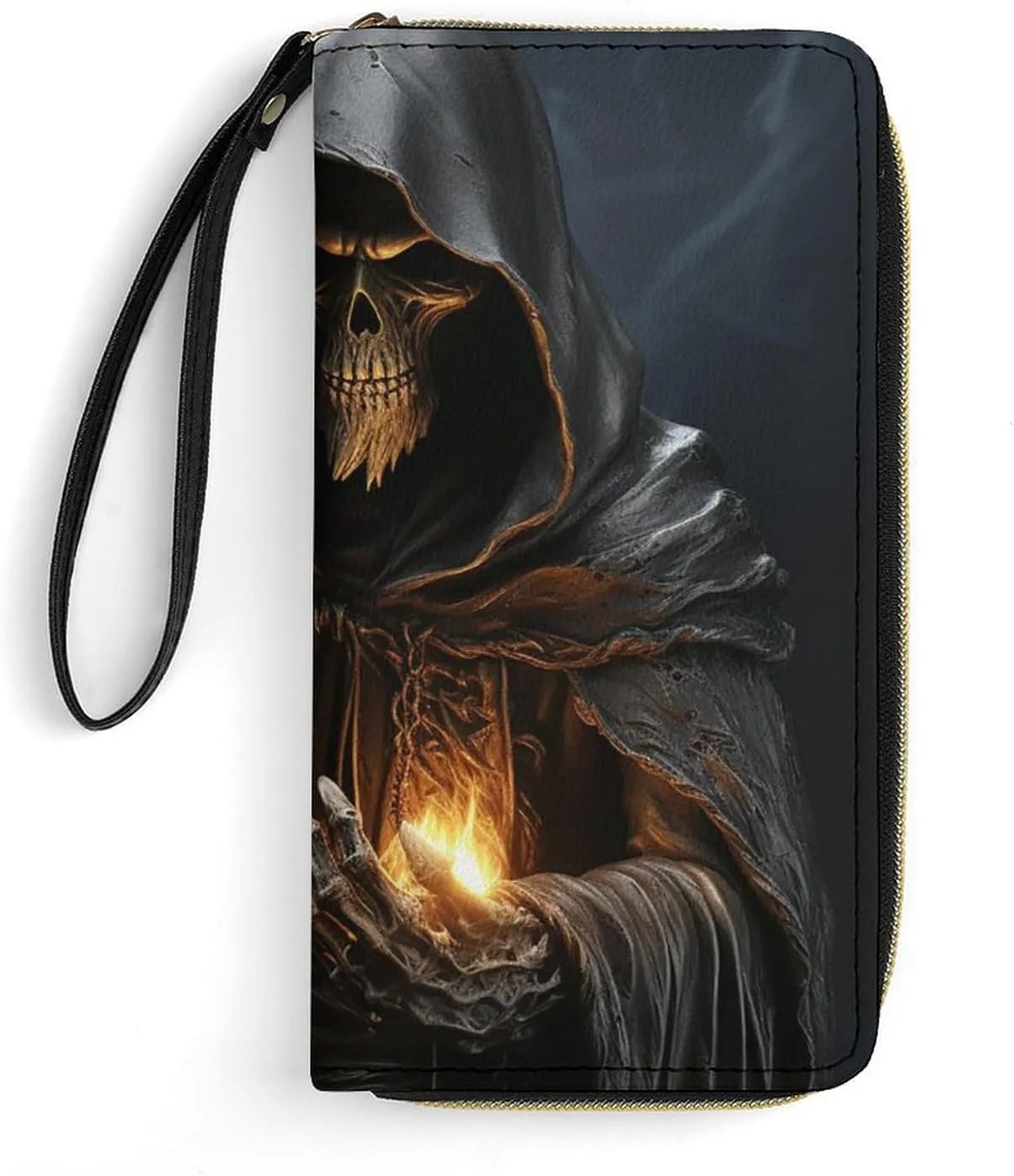 Grim-Reaper Wallet Leather Zipper Around Clutch Wallet Large Capacity Purse with Wristlet Strap