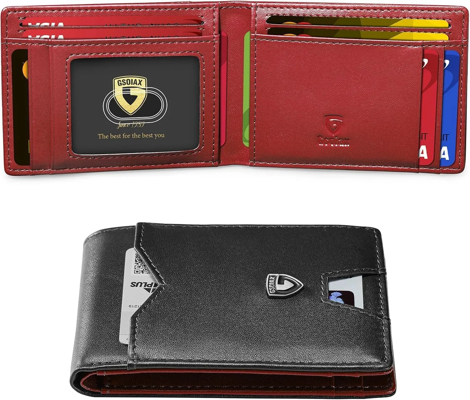 GSOIAX Mens Slim Wallet for Men Minimalist Genuine Leather Carbon Fiber Rfid Blocking Bifold Credit Card Holder With Gift Box (Black and Red)