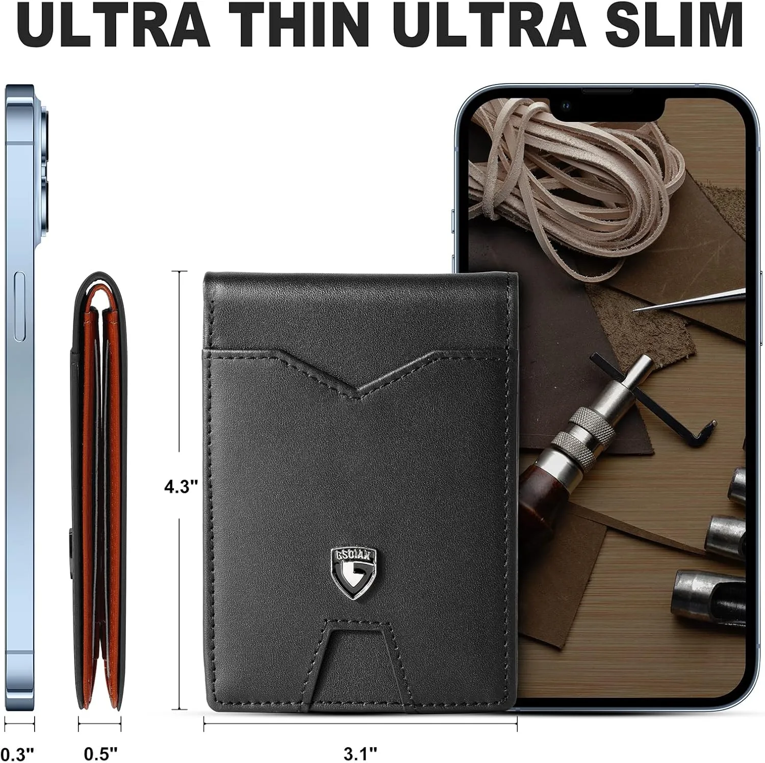 GSOIAX Mens Slim Wallet for Men Minimalist Genuine Leather Carbon Fiber Rfid Blocking Bifold Credit Card Holder With Gift Box (Black and Red)