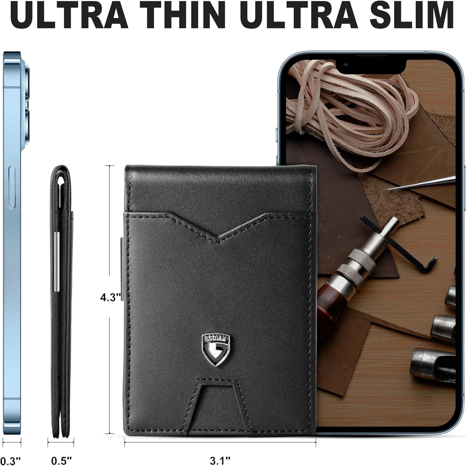 GSOIAX Mens Slim Wallet for Men Minimalist Genuine Leather Carbon Fiber Rfid Blocking Bifold Credit Card Holder With Gift Box (Black-money clip)