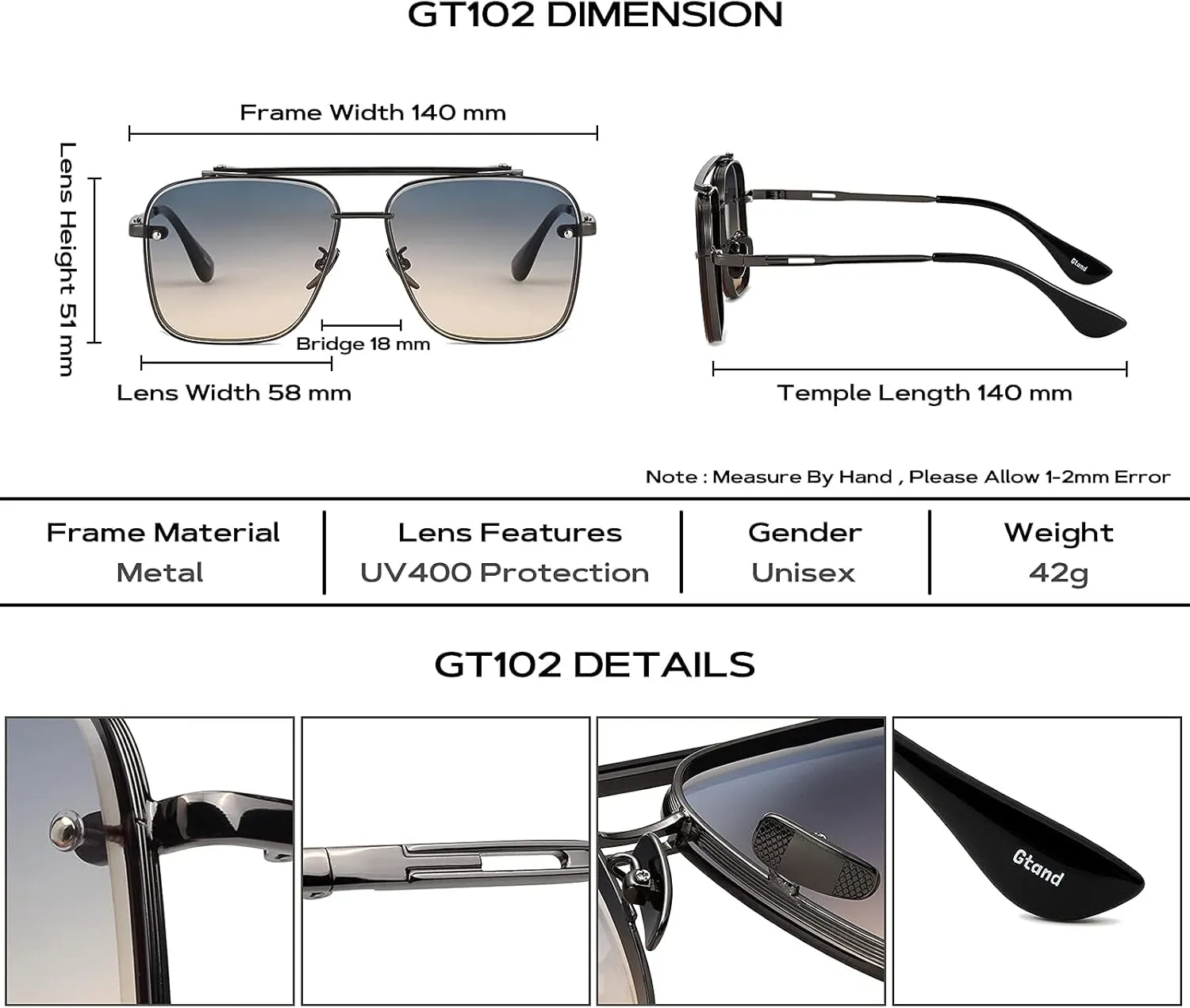 Gtand Fashion Trendy Square Aviator Gradient Sunglasses For Women Men Vintage Metal Sun Glasses