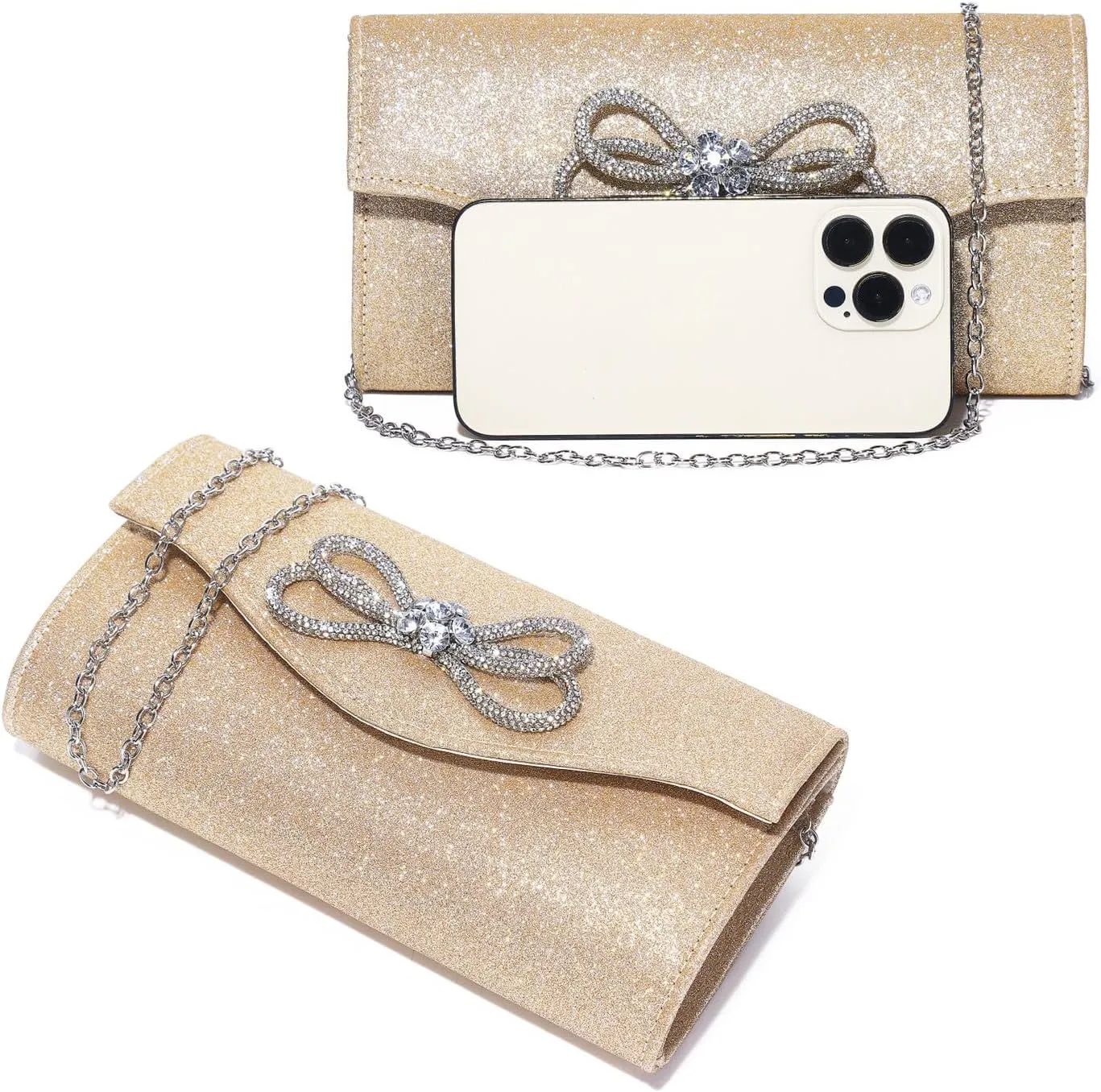 Gurina Evening Clutch Purses for Women Formal Party Clutch Bags Cocktail Prom Shoulder Handbags Shiny Crystal Bow Flap Purses