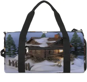 Gym Bag for Women Men,Wooden Rustic Log Cottage Scenery Print Gym Bag,reusable Gym Bag,gym Bag with Shoe Compartment