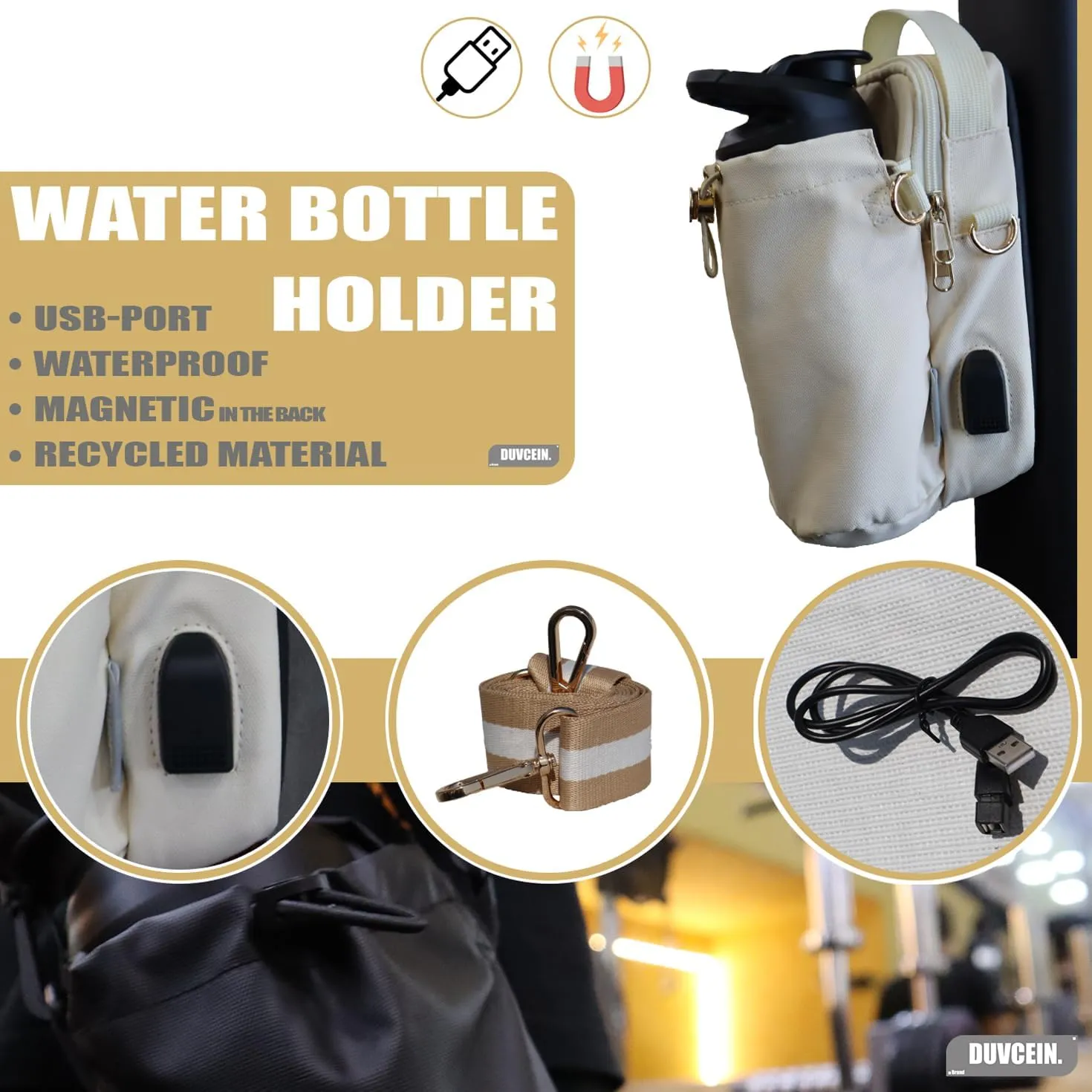 Gym Crossbody Bag for Women & Men Small Fanny Pack with Bottle Holder, Waterproof Phone Pouch, Magnetic Attach Black Duvcein (White - Cream)