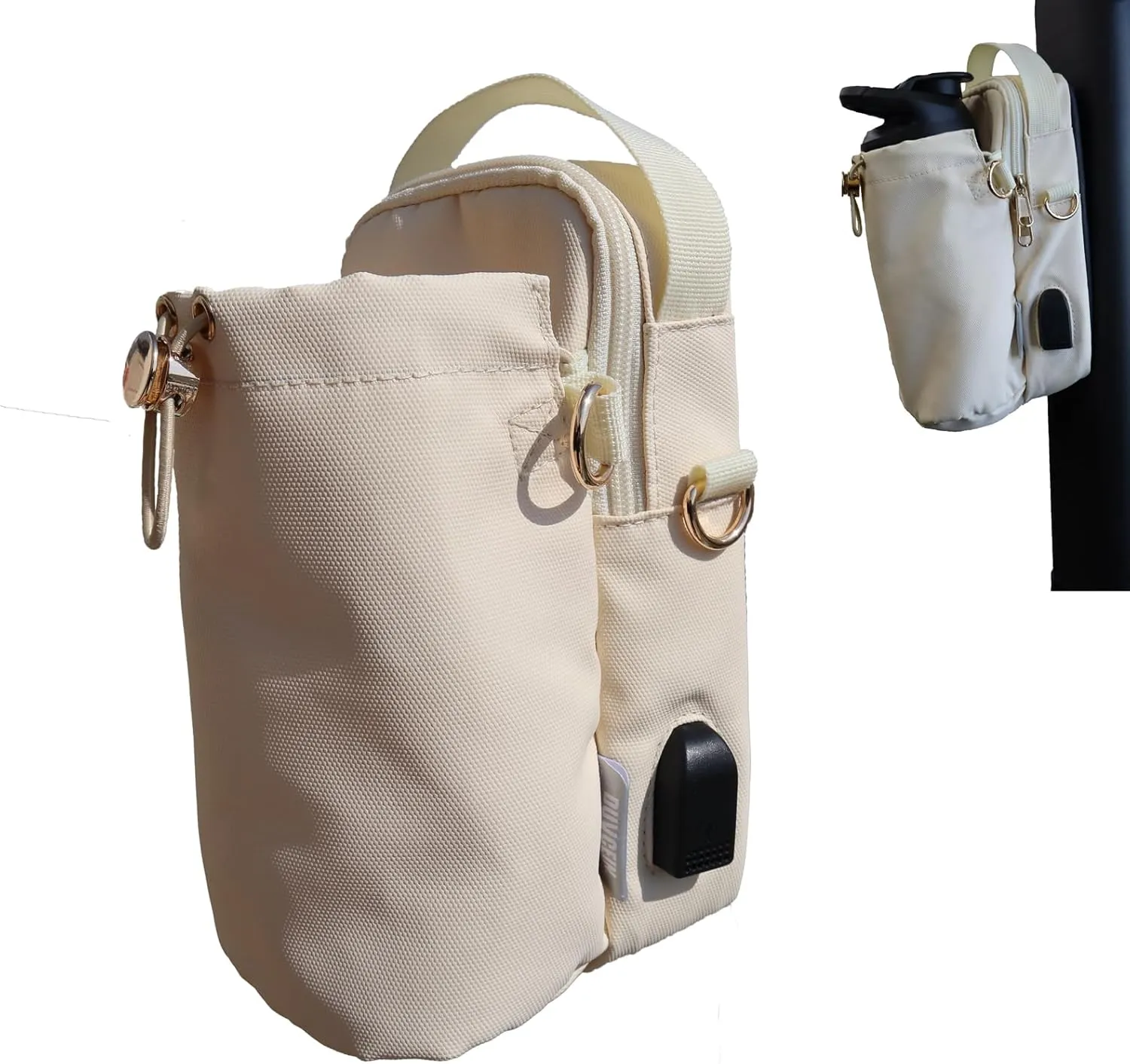 Gym Crossbody Bag for Women & Men Small Fanny Pack with Bottle Holder, Waterproof Phone Pouch, Magnetic Attach Black Duvcein (White - Cream)