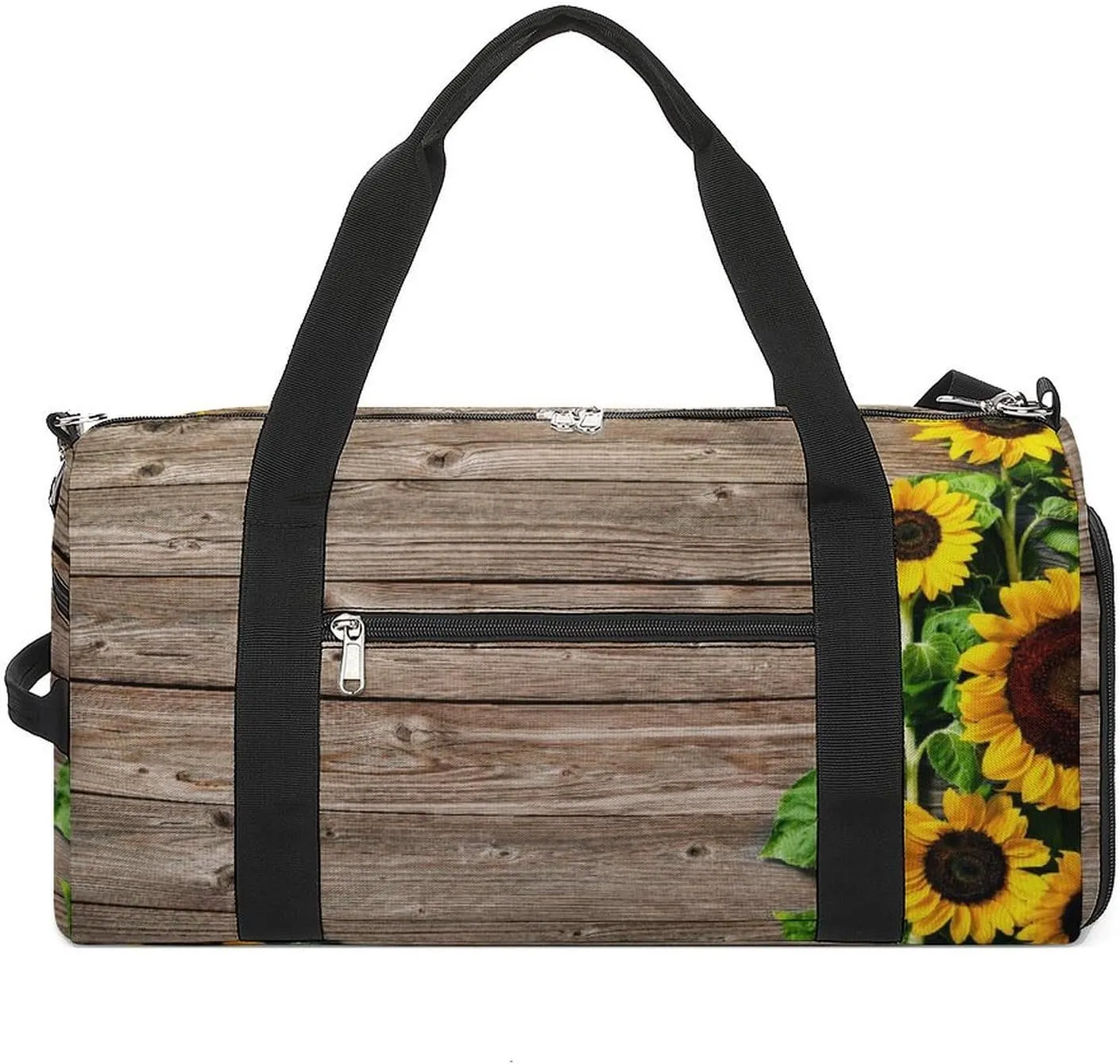 Gym Duffel Bag with Shoe Compartment Wet Pocket, Sunflowers on Wooden Board Travel Bag for Men Women