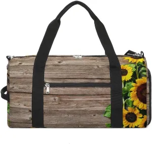 Gym Duffel Bag with Shoe Compartment Wet Pocket, Sunflowers on Wooden Board Travel Bag for Men Women