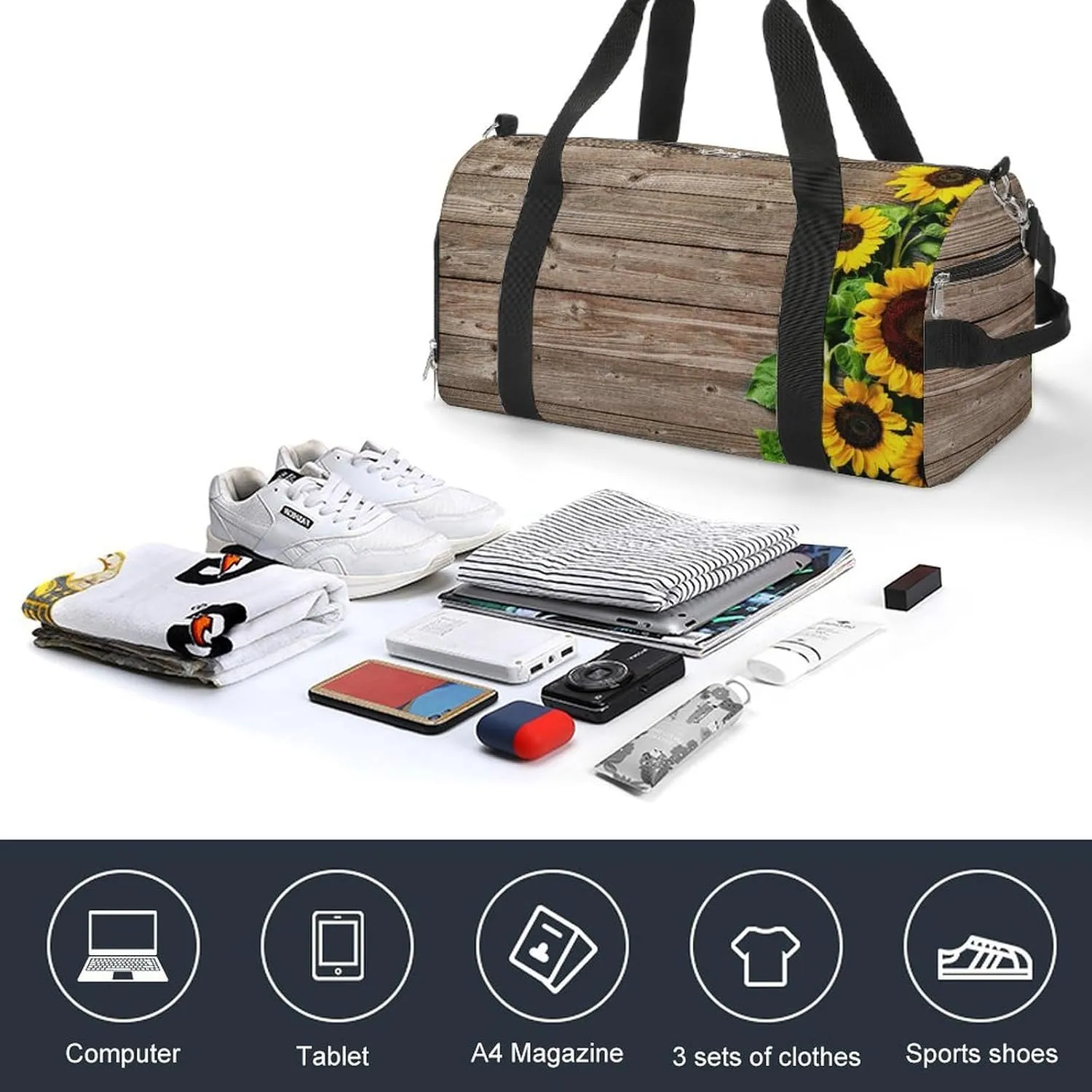 Gym Duffel Bag with Shoe Compartment Wet Pocket, Sunflowers on Wooden Board Travel Bag for Men Women