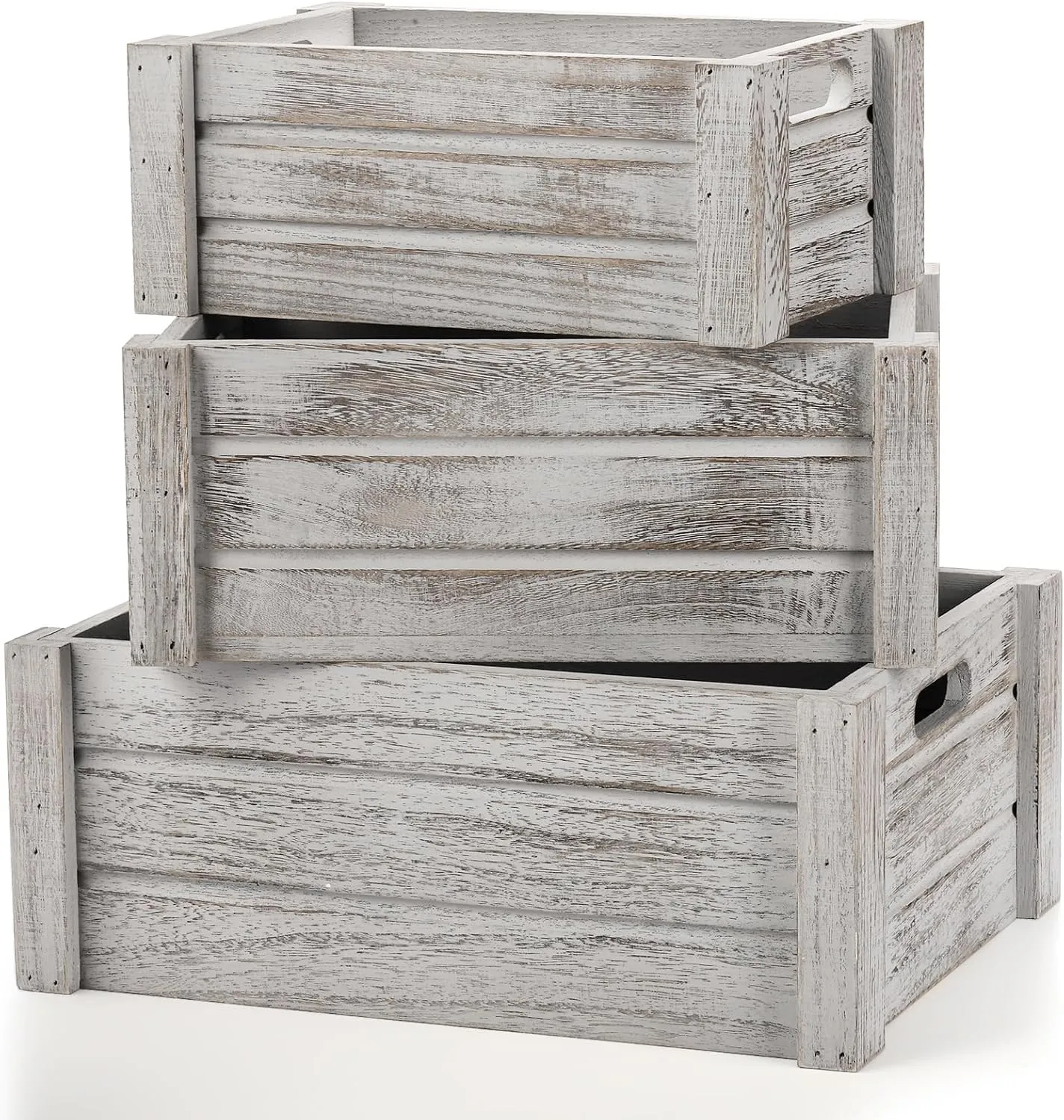 Hacaroa 3 Pack Wood Crates with Handles, Rustic Nesting Storage Container Box Decorative Wooden Basket Bins for Fruit, Vegetable, Home, Laundry, Farmhouse, 3 Sizes