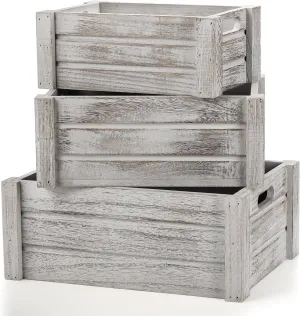 Hacaroa 3 Pack Wood Crates with Handles, Rustic Nesting Storage Container Box Decorative Wooden Basket Bins for Fruit, Vegetable, Home, Laundry, Farmhouse, 3 Sizes