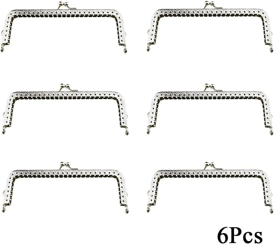Hahiyo Purse Square Bag Kiss Clasp Frame Lock 15cm Diameter Rectangle Clutch Metal Vintage Latch Clip Smooth Open Close Sturdy No Scratch Loose Gap for DIY Crochet Fabric Coin Leather Bag 6pcs Silver
