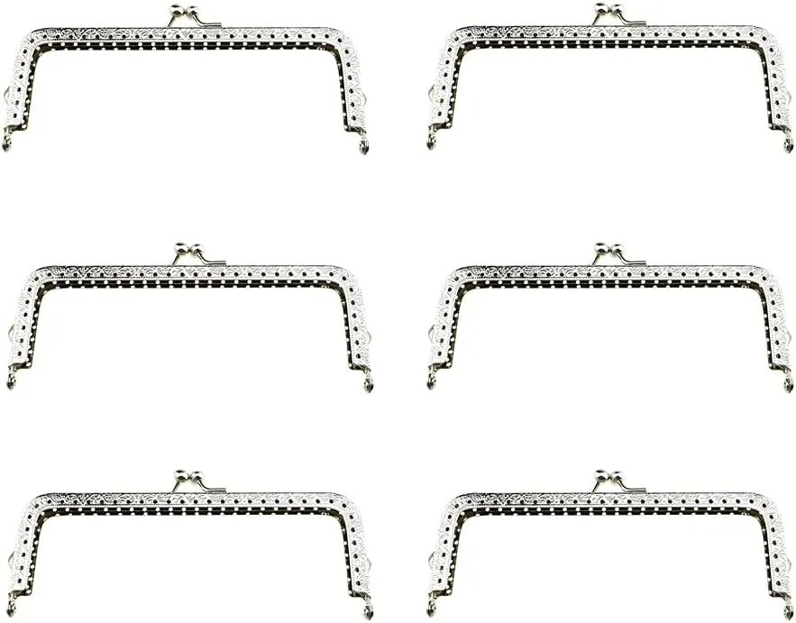 Hahiyo Purse Square Bag Kiss Clasp Frame Lock 15cm Diameter Rectangle Clutch Metal Vintage Latch Clip Smooth Open Close Sturdy No Scratch Loose Gap for DIY Crochet Fabric Coin Leather Bag 6pcs Silver