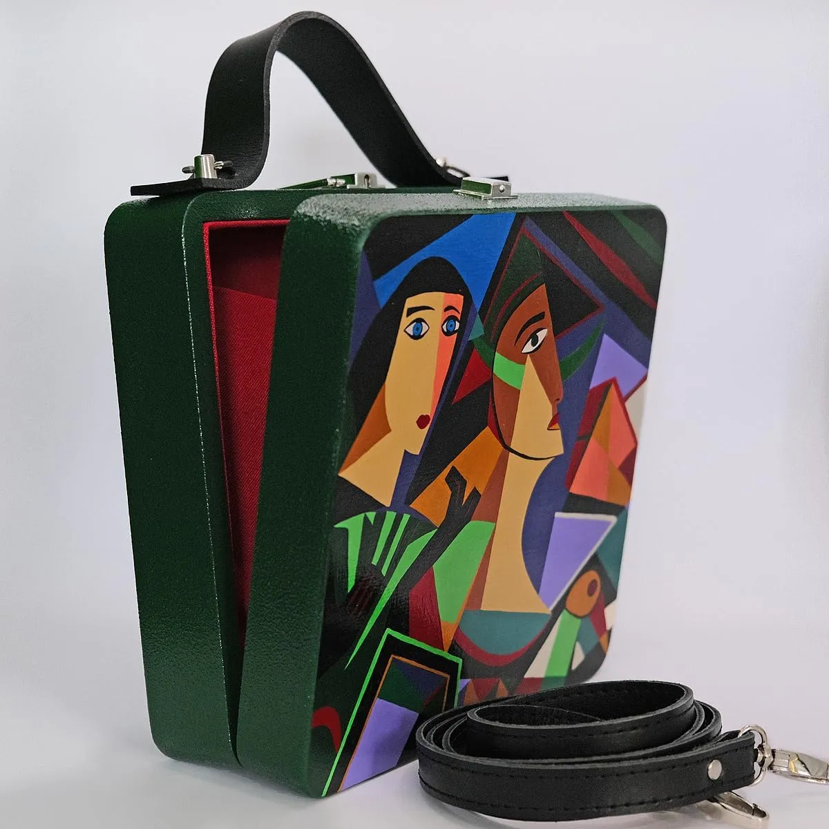Hand-Painted Wooden Handbag, Purse – Cubist Art Design – Natural Alder Wood, Genuine Leather Handle, 20x20x7 cm