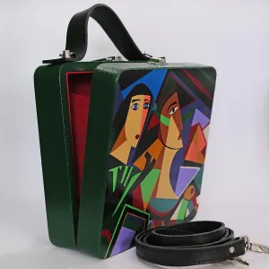 Hand-Painted Wooden Handbag, Purse – Cubist Art Design – Natural Alder Wood, Genuine Leather Handle, 20x20x7 cm