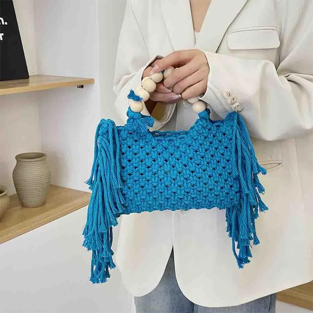 Hand-woven Cotton Rope Tassels Beach Handbag, Wooden Bead Hollow Out Knitting Purse, Women's Straw Crochet Bohemian Tote Bag