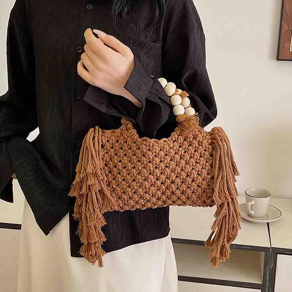 Hand-woven Cotton Rope Tassels Beach Handbag, Wooden Bead Hollow Out Knitting Purse, Women's Straw Crochet Bohemian Tote Bag