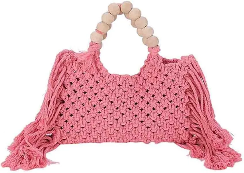 Hand-woven Cotton Rope Tassels Beach Handbag, Wooden Bead Hollow Out Knitting Purse, Women's Straw Crochet Bohemian Tote Bag