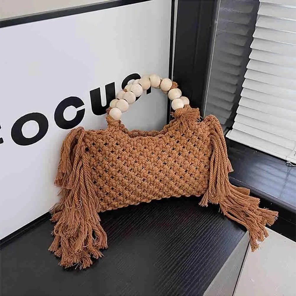 Hand-woven Cotton Rope Tassels Beach Handbag, Wooden Bead Hollow Out Knitting Purse, Women's Straw Crochet Bohemian Tote Bag