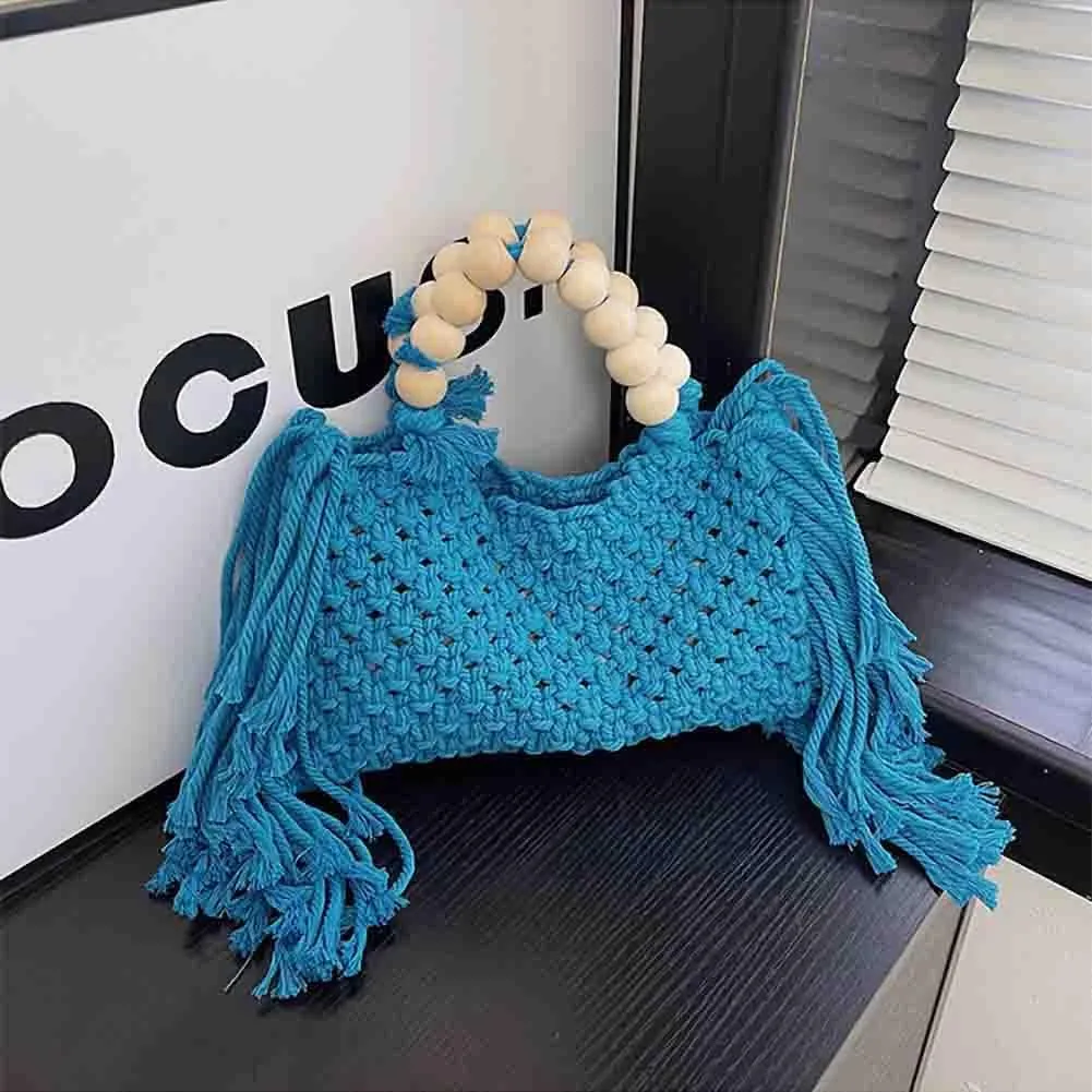 Hand-woven Cotton Rope Tassels Beach Handbag, Wooden Bead Hollow Out Knitting Purse, Women's Straw Crochet Bohemian Tote Bag
