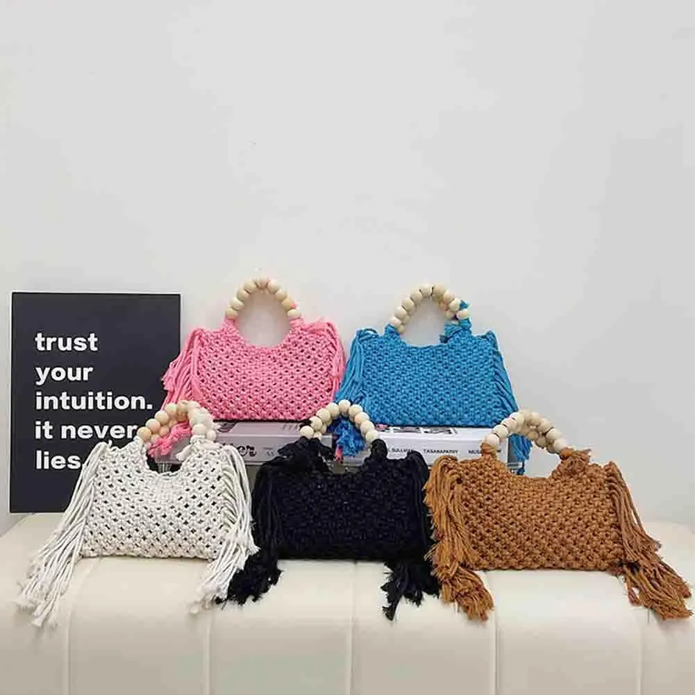 Hand-woven Cotton Rope Tassels Beach Handbag, Wooden Bead Hollow Out Knitting Purse, Women's Straw Crochet Bohemian Tote Bag