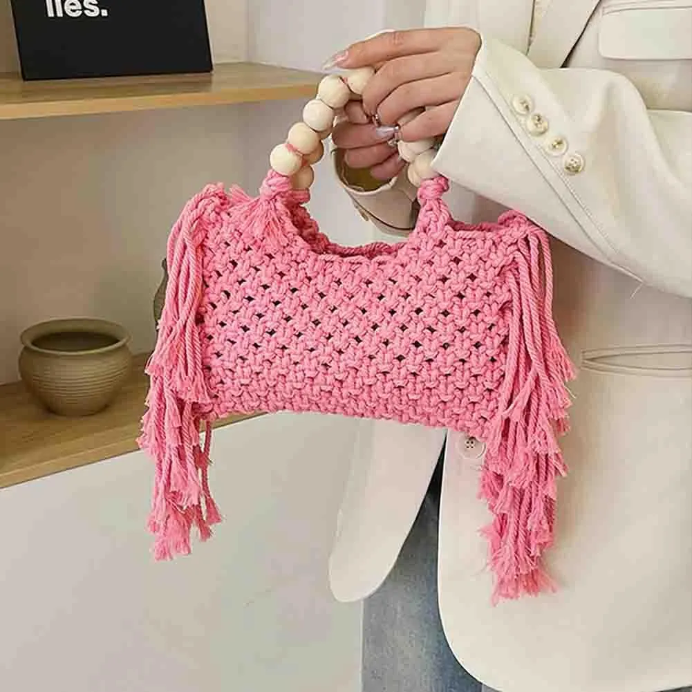 Hand-woven Cotton Rope Tassels Beach Handbag, Wooden Bead Hollow Out Knitting Purse, Women's Straw Crochet Bohemian Tote Bag