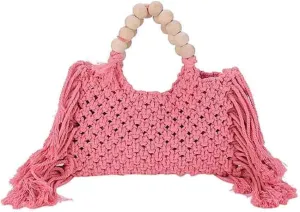 Hand-woven Cotton Rope Tassels Beach Handbag, Wooden Bead Hollow Out Knitting Purse, Women's Straw Crochet Bohemian Tote Bag