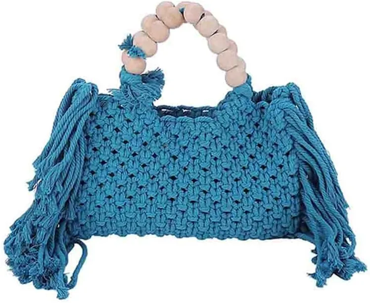 Hand-woven Cotton Rope Tassels Beach Handbag, Wooden Bead Hollow Out Knitting Purse, Women's Straw Crochet Bohemian Tote Bag