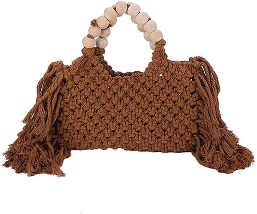 Hand-woven Cotton Rope Tassels Beach Handbag, Wooden Bead Hollow Out Knitting Purse, Women's Straw Crochet Bohemian Tote Bag