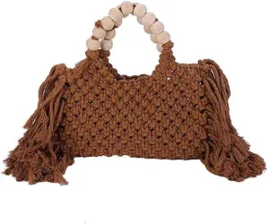 Hand-woven Cotton Rope Tassels Beach Handbag, Wooden Bead Hollow Out Knitting Purse, Women's Straw Crochet Bohemian Tote Bag