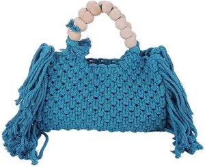 Hand-woven Cotton Rope Tassels Beach Handbag, Wooden Bead Hollow Out Knitting Purse, Women's Straw Crochet Bohemian Tote Bag