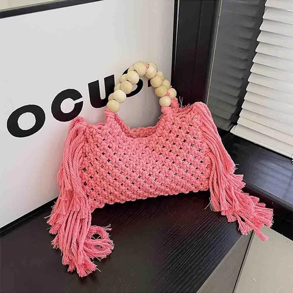 Hand-woven Cotton Rope Tassels Beach Handbag, Wooden Bead Hollow Out Knitting Purse, Women's Straw Crochet Bohemian Tote Bag