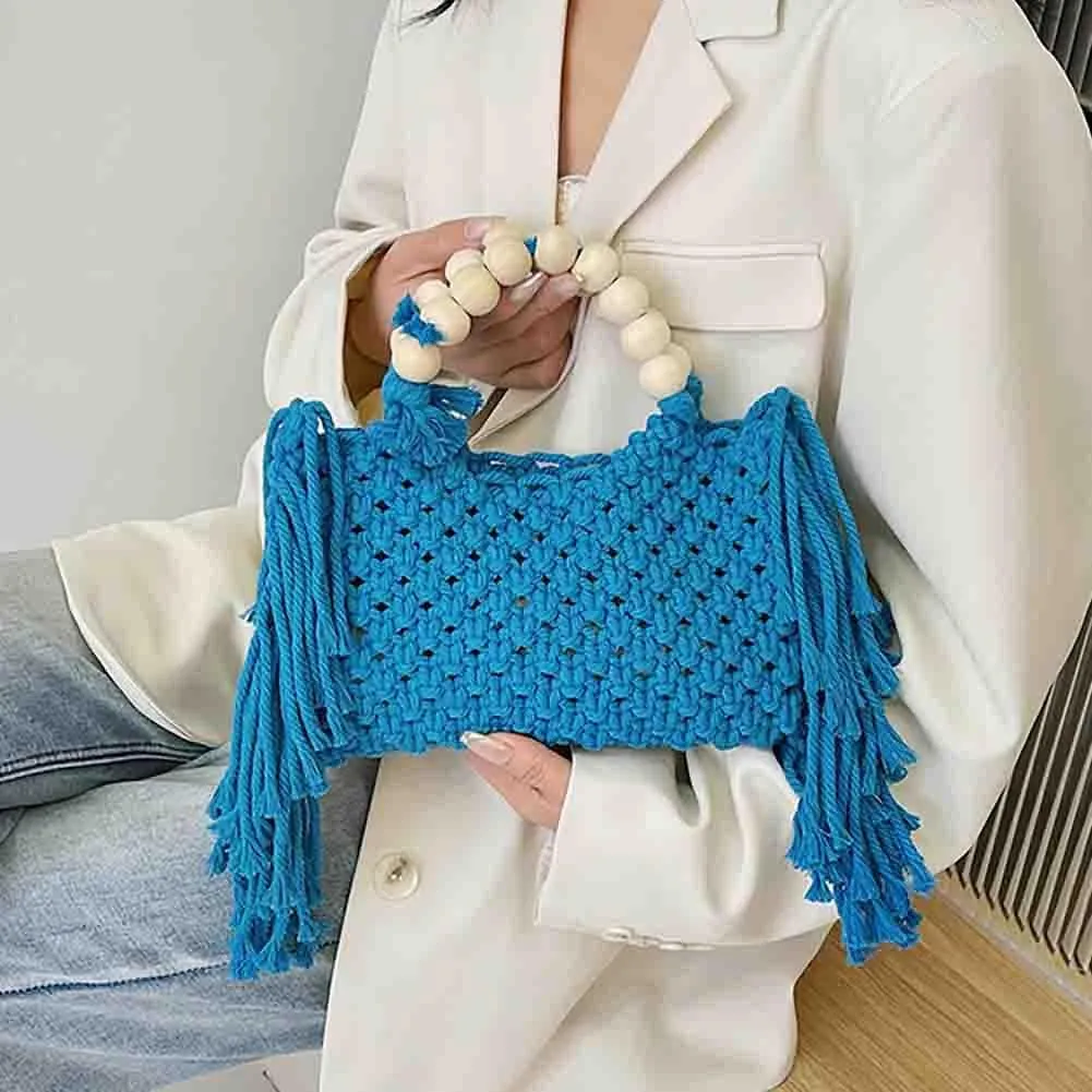 Hand-woven Cotton Rope Tassels Beach Handbag, Wooden Bead Hollow Out Knitting Purse, Women's Straw Crochet Bohemian Tote Bag