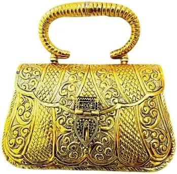 Handcrafted Indian Brass Clutch Purse, Gold Rajasthani Art Work Design, Wedding and Party Handbag