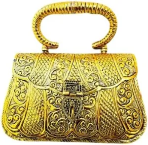 Handcrafted Indian Brass Clutch Purse, Gold Rajasthani Art Work Design, Wedding and Party Handbag