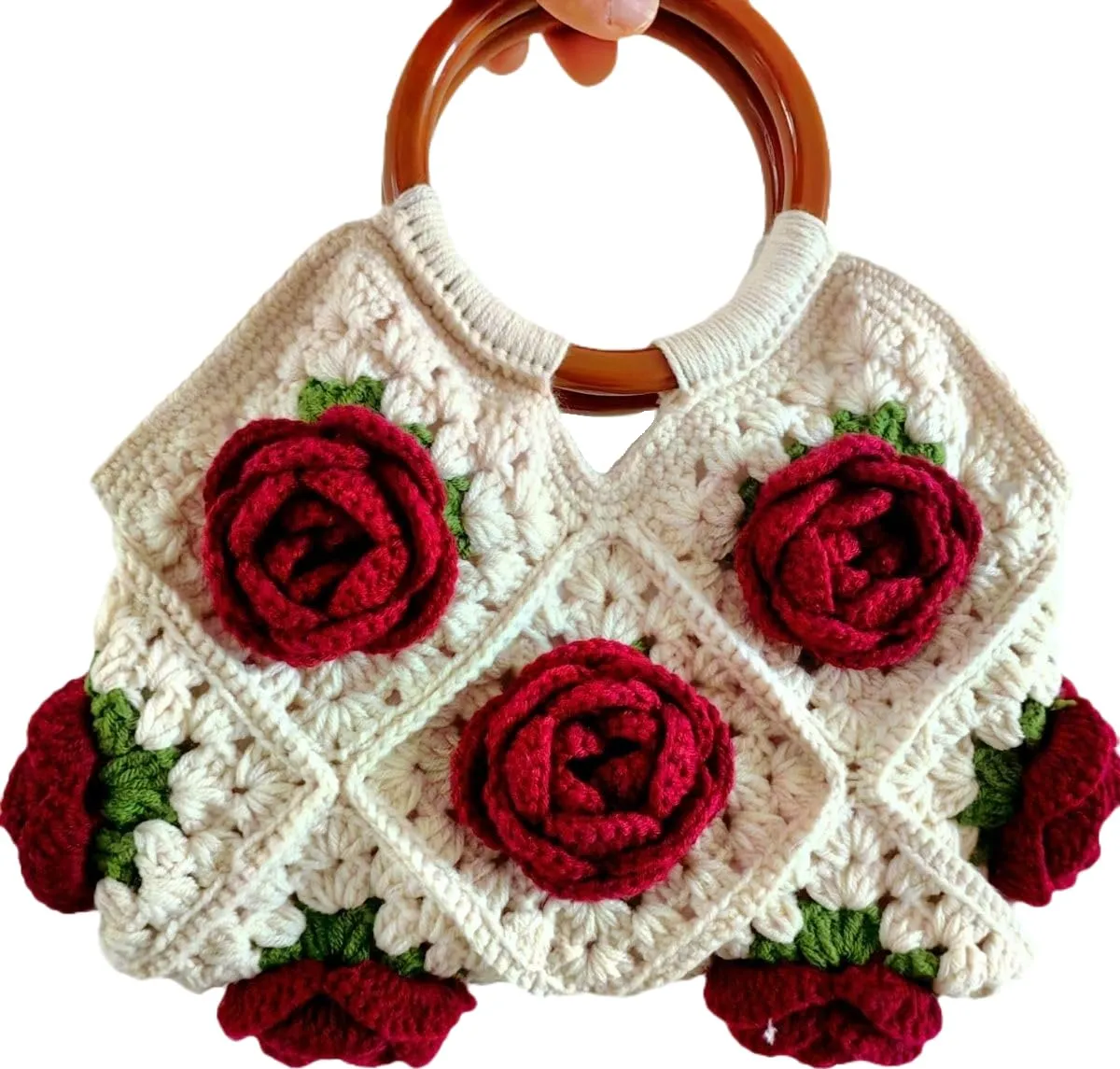 Handmade Purses and Handbags for Women, Crochet Rose Flowers Tote Bag with Wooden Round Handles, Knitted Tote Handbag Purse for Women and Girls