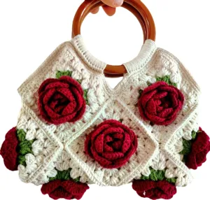 Handmade Purses and Handbags for Women, Crochet Rose Flowers Tote Bag with Wooden Round Handles, Knitted Tote Handbag Purse for Women and Girls
