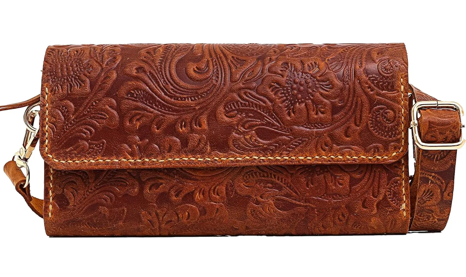 Handmade Small Crossbody Shoulder Bag for Women, Cellphone Bags Adjustable Strap, Leather Card Holder Wallet Purse and Handbags With Zipper Coin Clutch for Teen Girls Bags (Carved Camel)