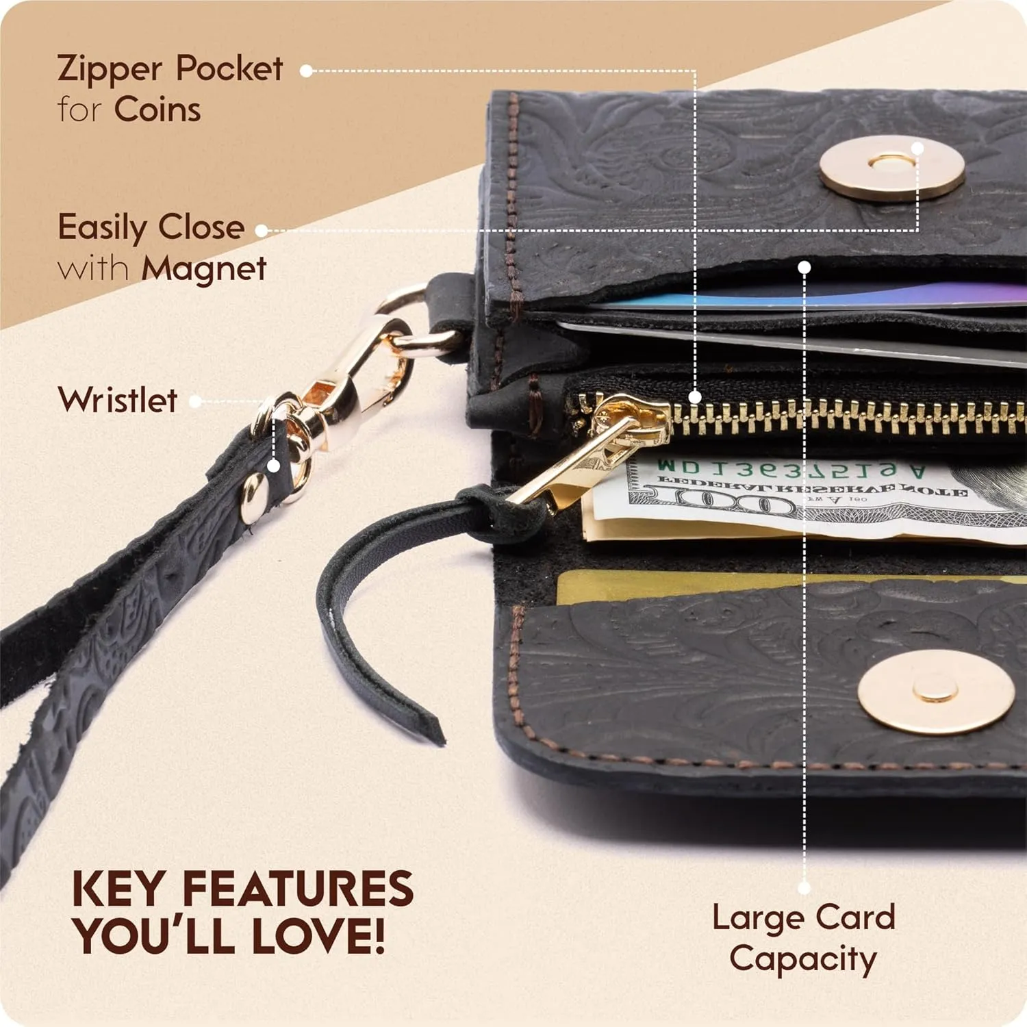 Handmade Wristlet Wallets for Women, Western Leather Small Credit Card Holder with Zipper, Minimalist & Cute Coin Pouch, Genuine Leather, Black