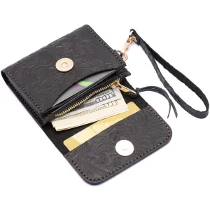 Handmade Wristlet Wallets for Women, Western Leather Small Credit Card Holder with Zipper, Minimalist & Cute Coin Pouch, Genuine Leather, Black