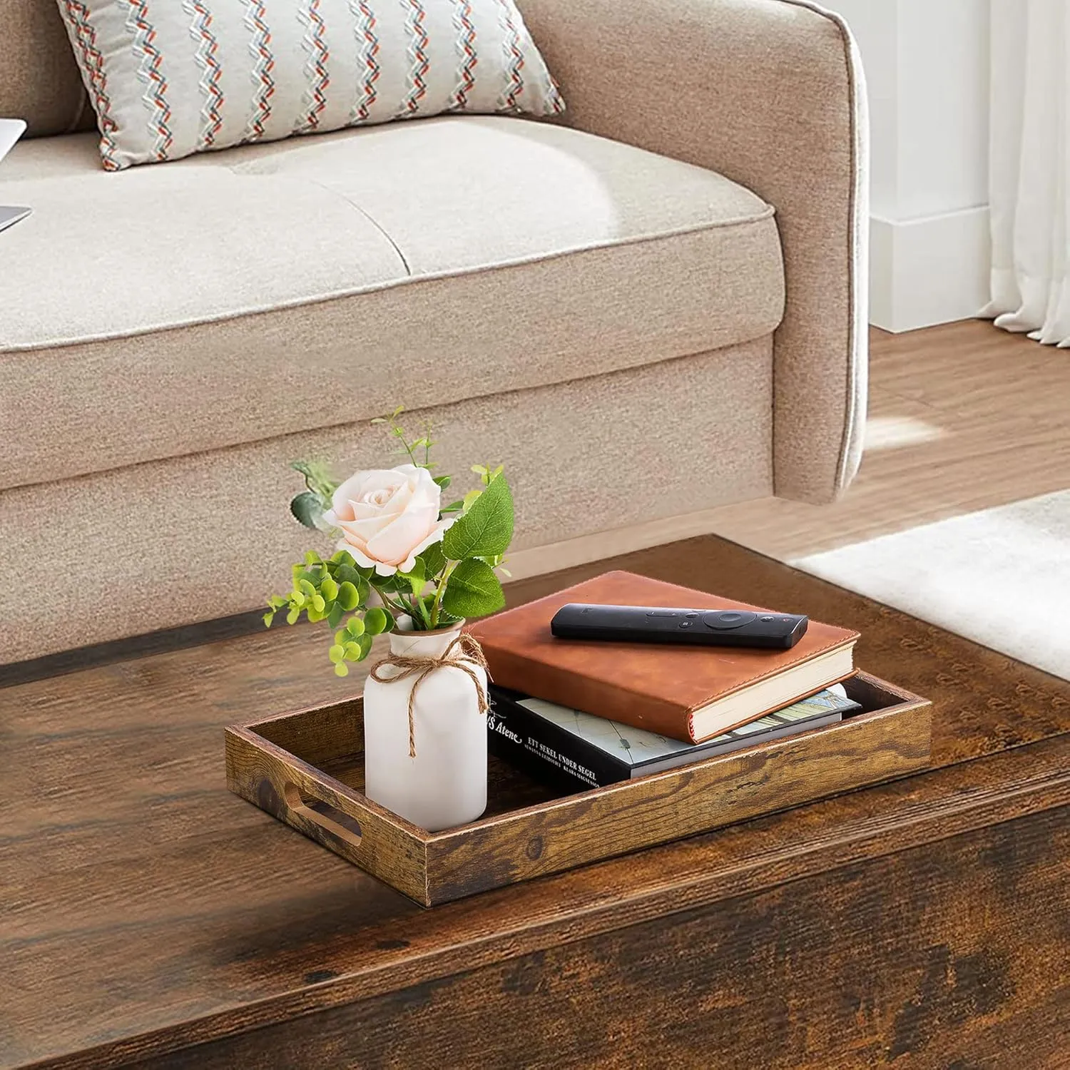 Hanobe Brown Decorative Serving Trays: Rustic Brown Rectangle Tray Decor with Cutout Handles for Coffee Table Ottoman Living Room Kitchen Home Decor