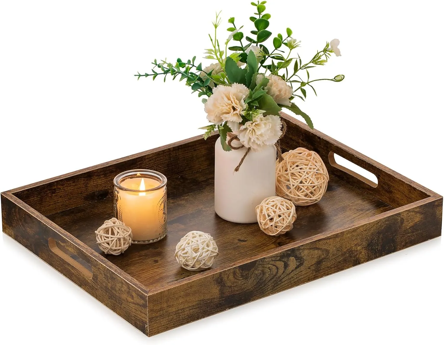 Hanobe Brown Decorative Serving Trays: Rustic Brown Rectangle Tray Decor with Cutout Handles for Coffee Table Ottoman Living Room Kitchen Home Decor