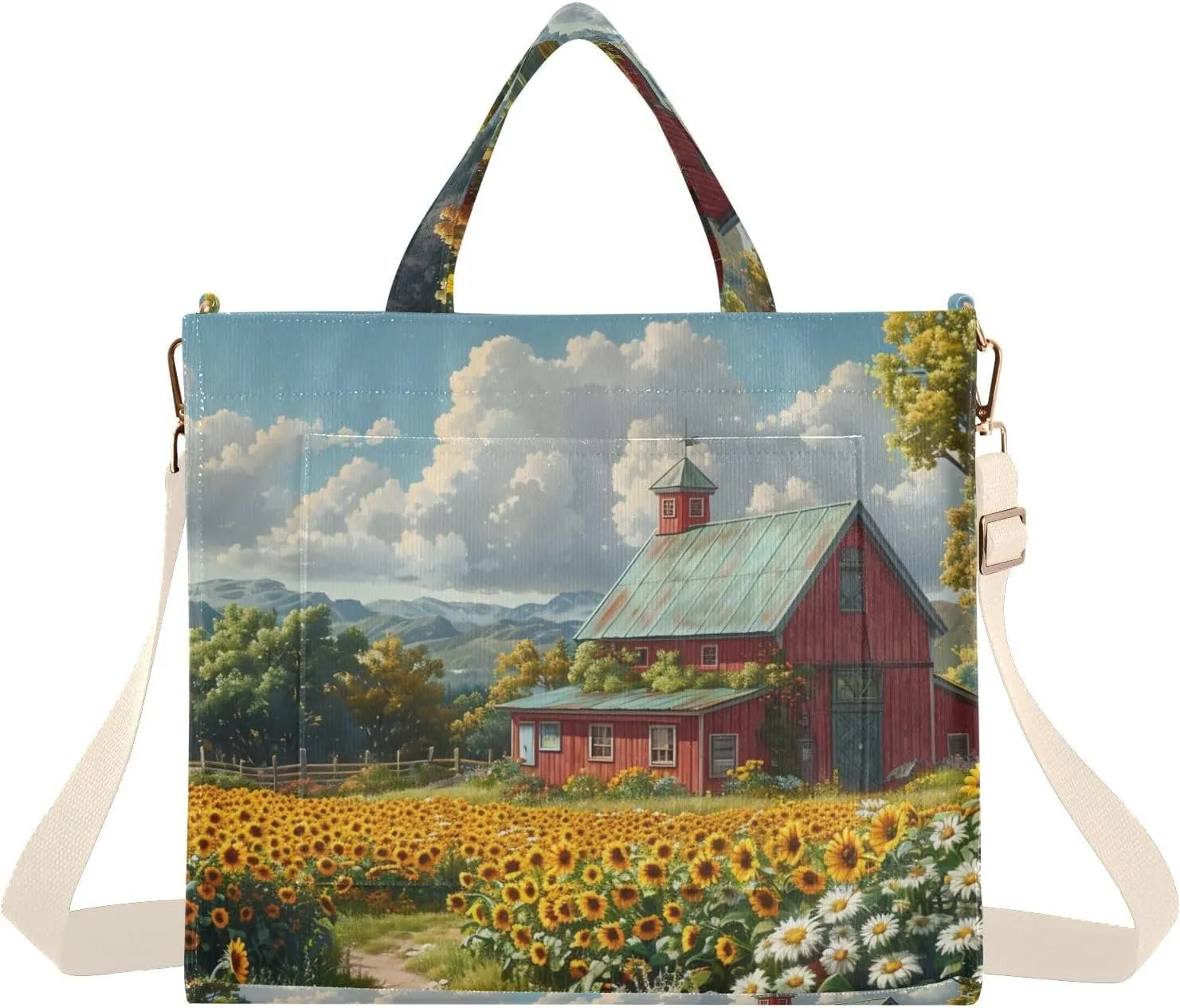 Harvest Sunflower Barn Corduroy Tote Bag for Women Large Shoulder Bag with Pockets for Beach Work Travel Shopping S