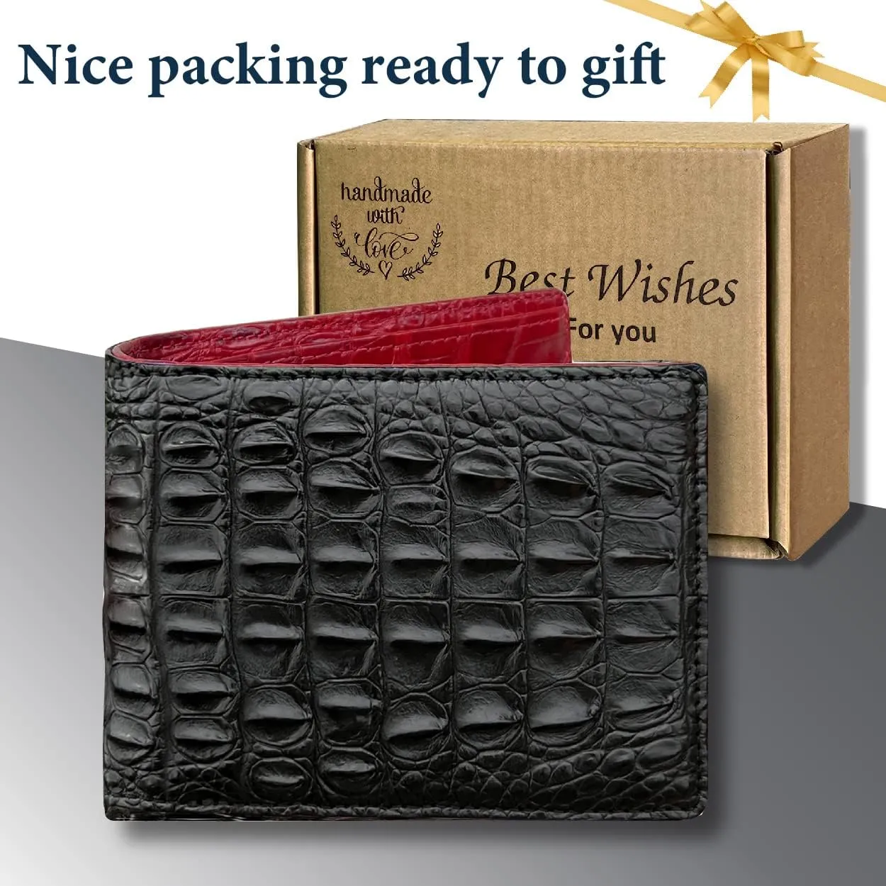 HATA Men Leather Wallet Croc RFID Blocking Front Pocket AIIigator Handmade Gift For Birthday Wedding Anniversary Father's Day