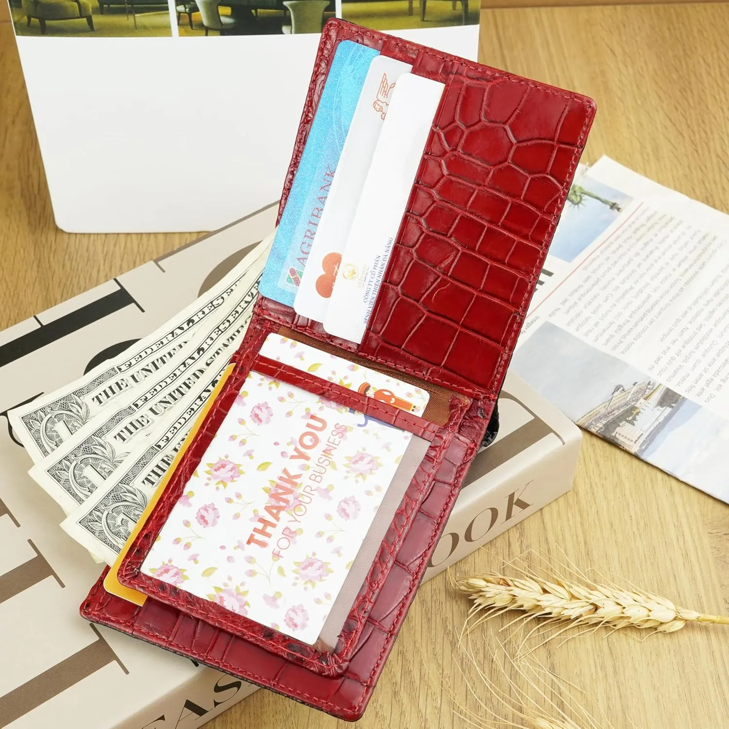 HATA Men Leather Wallet Croc RFID Blocking Front Pocket AIIigator Handmade Gift For Birthday Wedding Anniversary Father's Day